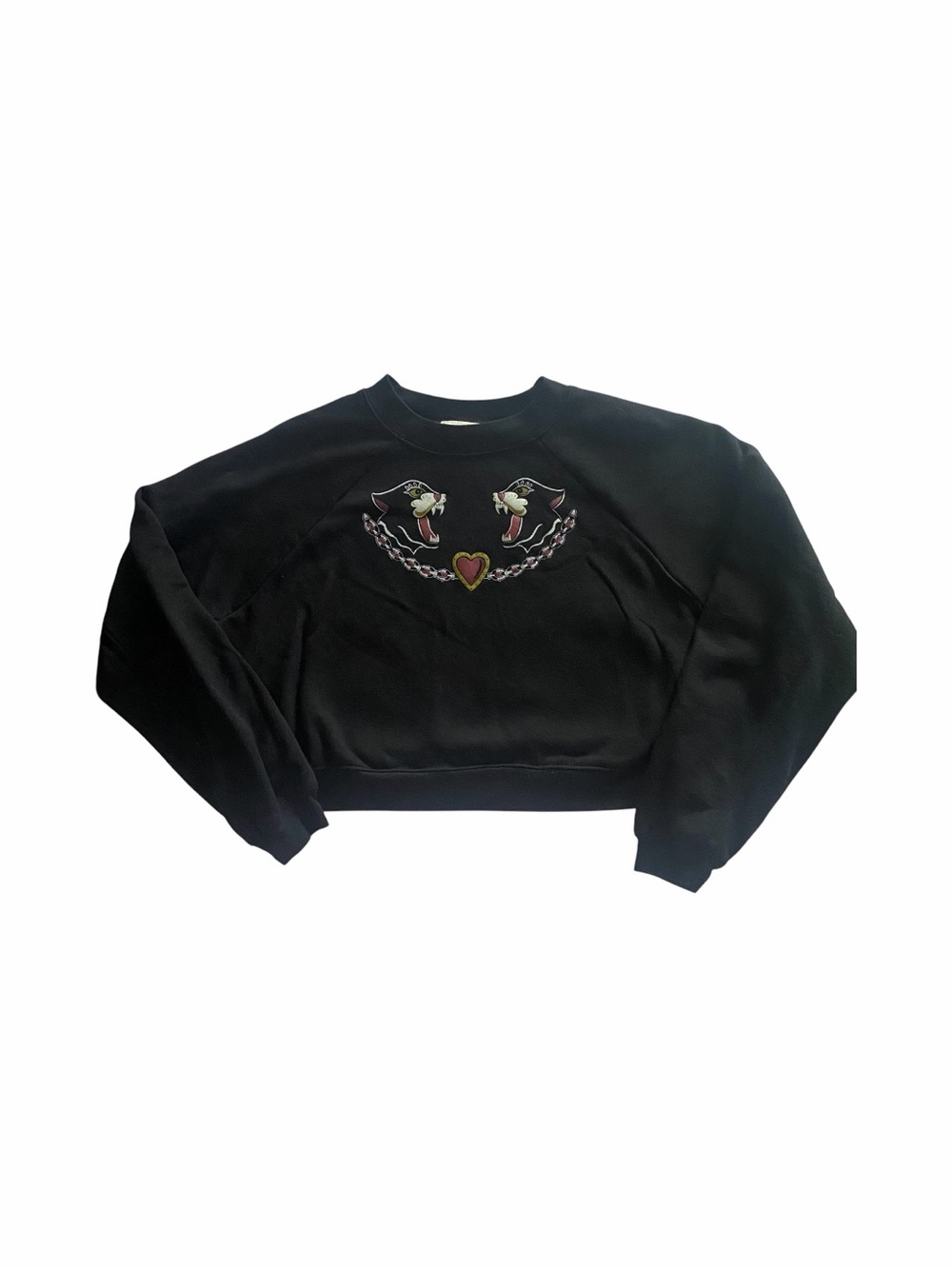 NWOT-MISCHIEF MADE-Black Cropped Sweatshirt with Embroidered Panther Heart Motif